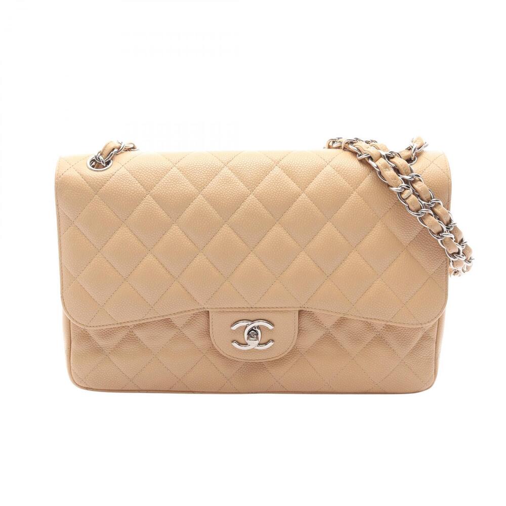 Chanel Double Flap Shoulder Bag Caviar Leather Grained Calfskin Beige